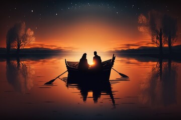 A couple in love. Boat in lake evening sunset.