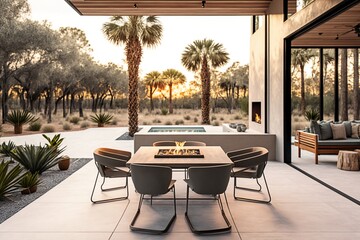 Modern Outdoor Patio with a Dining Set, Fire Pit, and View of the Water and Trees, AI Generated