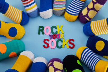 Naklejka na ściany i meble World Down syndrome day background. Rock you socks.