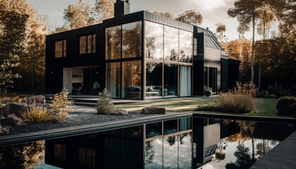 Modern black house with garden and swimming pool in autumn. Nobody inside. Generative AI