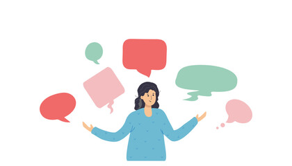 Woman, conversation, reflection. The modern metaphor of choice. Doubts about a decision. Woman pondering different opinions. Choosing between opposing positions. Dialogue speech bubbles. Vector.