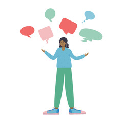 Woman, conversation, reflection. The modern metaphor of choice. Doubts about a decision. Woman pondering different opinions. Choosing between opposing positions. Dialogue speech bubbles. Vector.