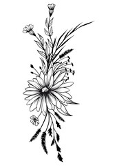 Black and white delicate floral arrangement. Hand drawn wild flowers vector illustration.