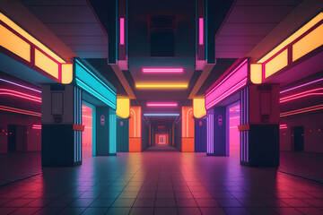 A futuristic mall with bright neon colored neon lights