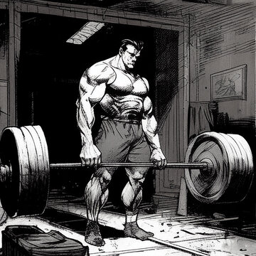  Not real person - artistic drawing style, man lifting weight, deadlift, inside a old gym - generative ai