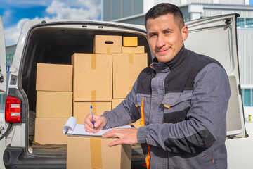 Courier man. Guy near minivan with boxes. Deliveryer is smiling and looking into camera. Open -air courier. Delivery employee with clipboard. Courier with minivan. Delivery man from logistics company