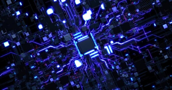 Computer Chip Processors Transmitting Data. Glowing Lines. Electrical Signals Flowing. Computer And Technology Related 4K 3D CG Animation.
