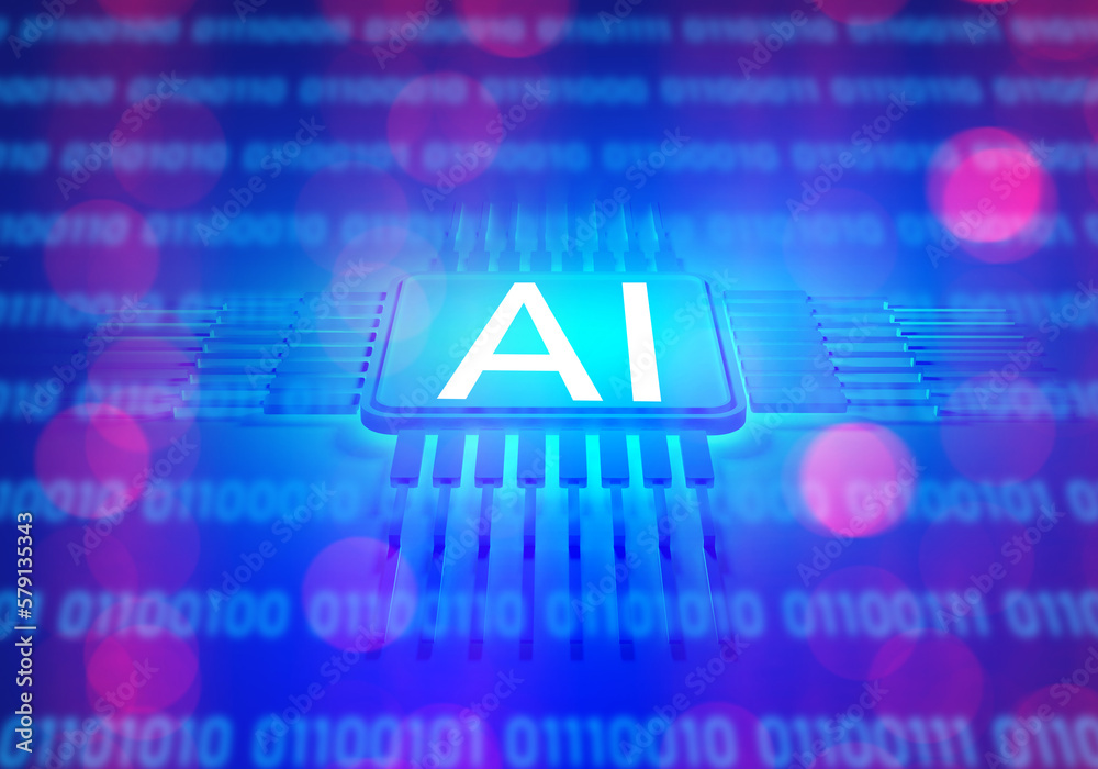 Poster Ai logo. Artificial intelligence. Microprocessor with AI label. Concept of computing power for AI. Neural networks in computer technology. Artificial intelligence background. 3d image