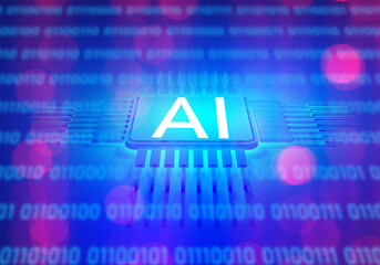 Ai logo. Artificial intelligence. Microprocessor with AI label. Concept of computing power for AI. Neural networks in computer technology. Artificial intelligence background. 3d image