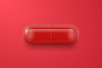 Vector 3d Realistic Red Pharmaceutical Medical Pill, Capsule, Tablet on Red Background. Front View. Copy Space. Medicine, Health Concept