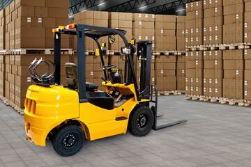 Forklift in warehouse. Pallets with boxes in hangar. Storage equipment. Forklift without driver....
