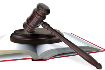 Abstract photo with wooden gavel and book with codes on white background