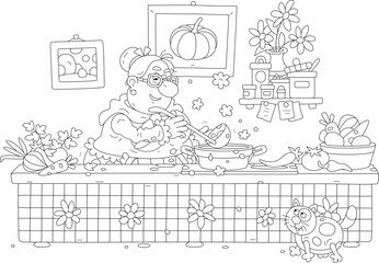 Funny granny and her merry cat cooking an original tasty soup with fresh vegetables and spices in a cozy kitchen of a village house, black and white outline vector cartoon illustration
