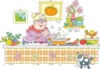 Funny granny and her merry cat cooking an original tasty soup with fresh vegetables and spices in a cozy kitchen of a village house, vector cartoon illustration isolated on a white background
