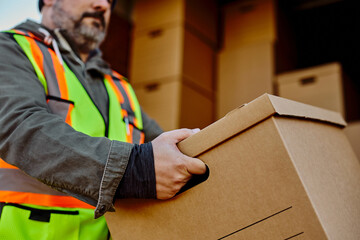 Close up of courier unloads cardboard boxes out of delivery van.