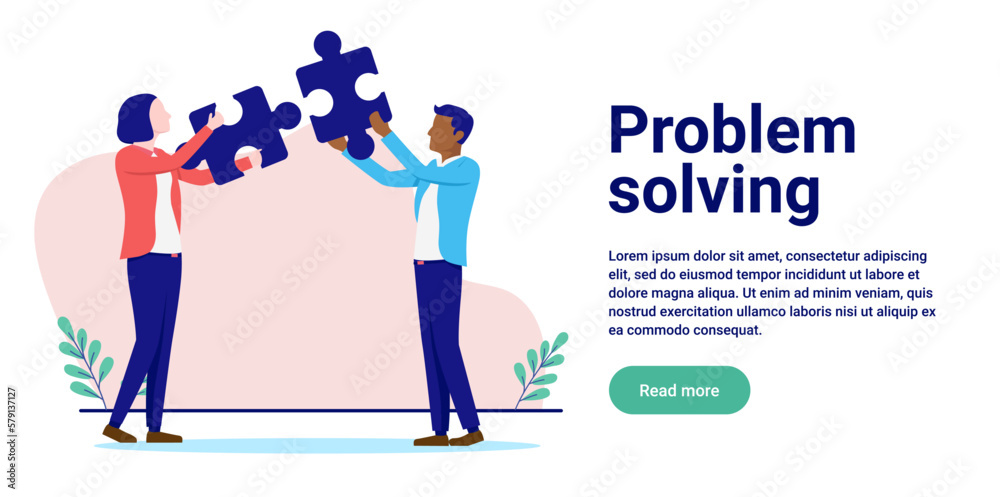 Fototapete Problem solving - Two business people connecting jigsaw puzzle pieces together. Flat design vector illustration with white background and copy space for text