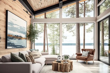 Fototapeta na wymiar Relaxing Living Room with Statement Art Pieces and Cozy Seats Showcasing Breathtaking Water and Tree Views, Ai Generated