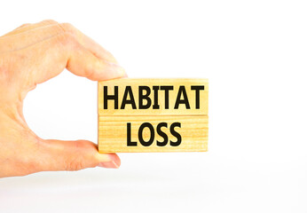 Habitat loss symbol. Concept words Habitat loss on wooden block. Beautiful white table white background. Businessman hand. Business habitat loss concept. Copy space.