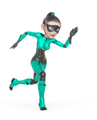 superheroine girl is running fast in white background