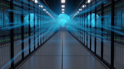 3d render of an exascale datacenter with a large connected globe