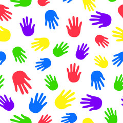 The pattern is seamless. Multicolored Hands, palms, palm print. Fingers of a person's hand, a child's palm. Drawing. Vector graphics. Illustration on isolated background.