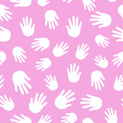 Fototapeta na wymiar Multicolored Hands, palms, palm print. Pattern seamless. Fingers of a person's hand, a child's palm. Drawing. Vector graphics. Illustration on isolated background.