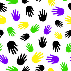 Fototapeta na wymiar Handprint. Seamless pattern. Colorful children's palm, hand. Creative handprints. Happy childhood design. Multicolored Fingerprints of a person's hand. Concept of help and support. Vector graphic