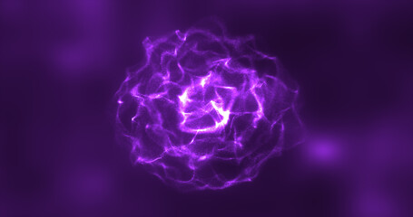 Abstract purple energy round sphere glowing with particle waves hi-tech digital magic abstract background