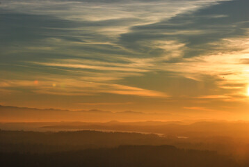 A view of a hazy sunset over southern Vancouver Island
