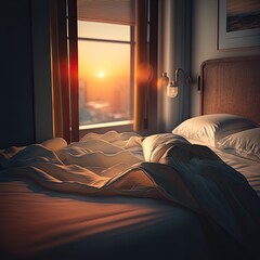 unmade bed in a hotel room with morning light streaming in through a window GENETATIVE AI