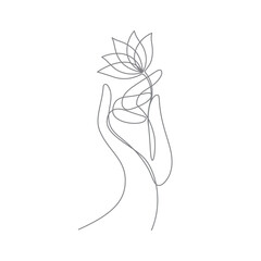 hand hold lotus water lily in continuous line drawing