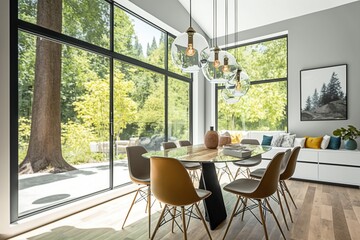 Contemporary Dining Room with a Panoramic View of Nature: Ai Generated