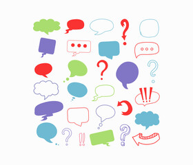 Online chat clouds for text, comments. information forms. Exclamation marks and question marks. Suitable for illustrating reactions. Vector illustration, doodle with text. The background is isolated.