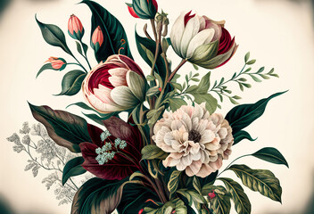 Beautiful fantasy vintage wallpaper botanical flower bunch, vintage motif for floral print digital background