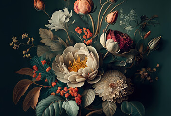 Vintage botanical flowers adorn a fantasy wallpaper