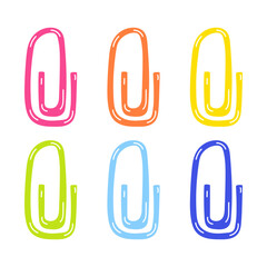 set of 6 rainbow colored paper clips isolated on white background. Flat cartoon vector illustration.