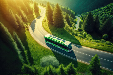 Green bus on forest highway. Generative Ai - obrazy, fototapety, plakaty