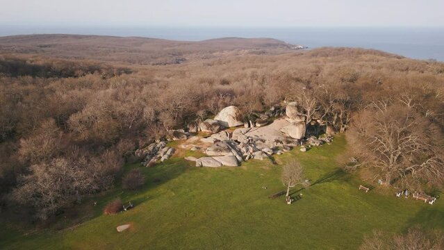 Aerial view of Beglik Tash, is a rock phenomenon on the Black Sea coast of Bulgaria.