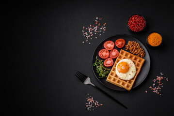 Delicious hearty breakfast consisting of a fried egg, Belgian waffle