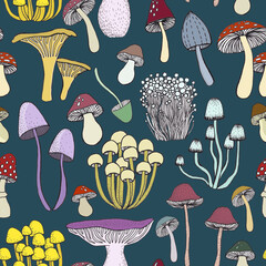 Seamless pattern with hand drawn mushrooms. Illustration in sketch style.