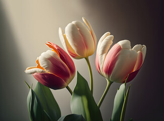 Colorful tulips closeup on dark background. Generative AI content