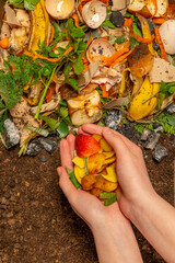 organic compost - biodegradable kitchen waste and soil. Layers of biowaste and soil