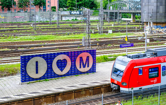 Munich, Germany - June 6: the I love Munich sign at the at the Hackerbruecke station in Munich on June 6, 2022