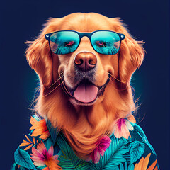 Golden retriever wearing sunglasses and a hawaiian shirt - obrazy, fototapety, plakaty