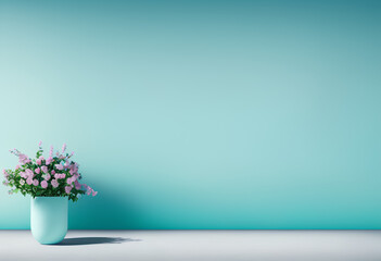 Display space for product presentation, light blue background with with decorative vase and flowers. Advertisement background. Created with Generative AI