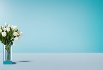 Display space for product presentation, light blue background with decorative vase and flowers. Advertisement background. Created with Generative AI