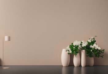 Display space for product presentation, beige background with decorative vases and flowers. Advertisement background. Created with Generative AI