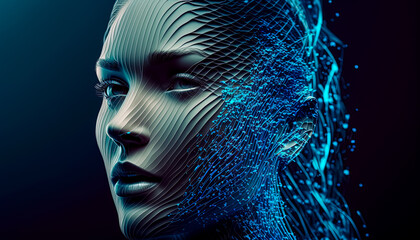 AI Generative Illustration of a Creative Photo of 3D UI Digital Human Face Mash in Abstract of Data Wave