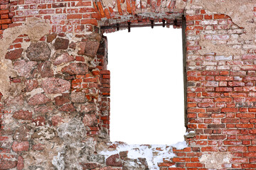 Antique red brick wall with an empty window opening. Close-up of the texture of an old brick wall.