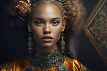 Realistic portrait of a girl with massive earrings with  stones in oriental style. Generated by AI technology 